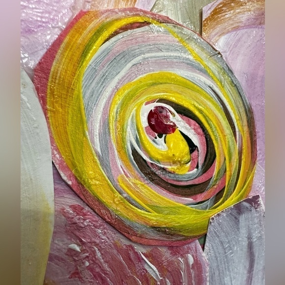 Original Art Painting Mixed Media Acrylic Collage on Canvas 12x16 Pink Floral - Picture 2 of 12